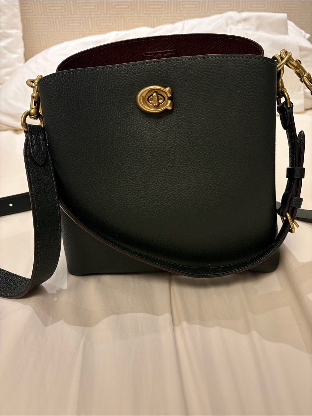 Coach Pebble Leather Shoulder Bag in Dark Green with Gold Hardware